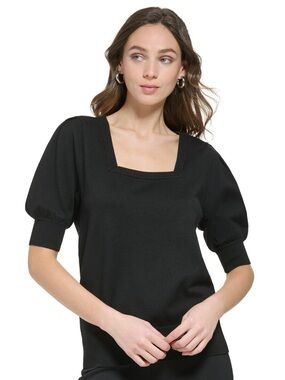 DKNY Black Square Neck Short Sleeve Knit Top with Rib Trim
